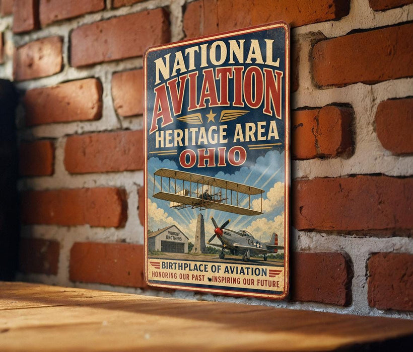 A vintage-style metal sign with the text "NATIONAL AVIATION HERITAGE AREA OHIO" and an illustration of a biplane on a brick wall.