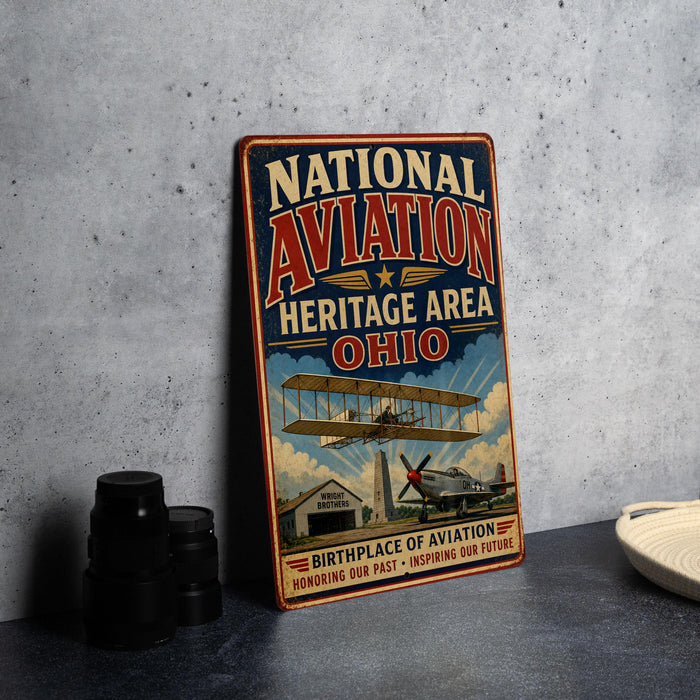A vintage metal sign for the National Aviation Heritage Area in Ohio, featuring an illustration of a biplane and a barn.