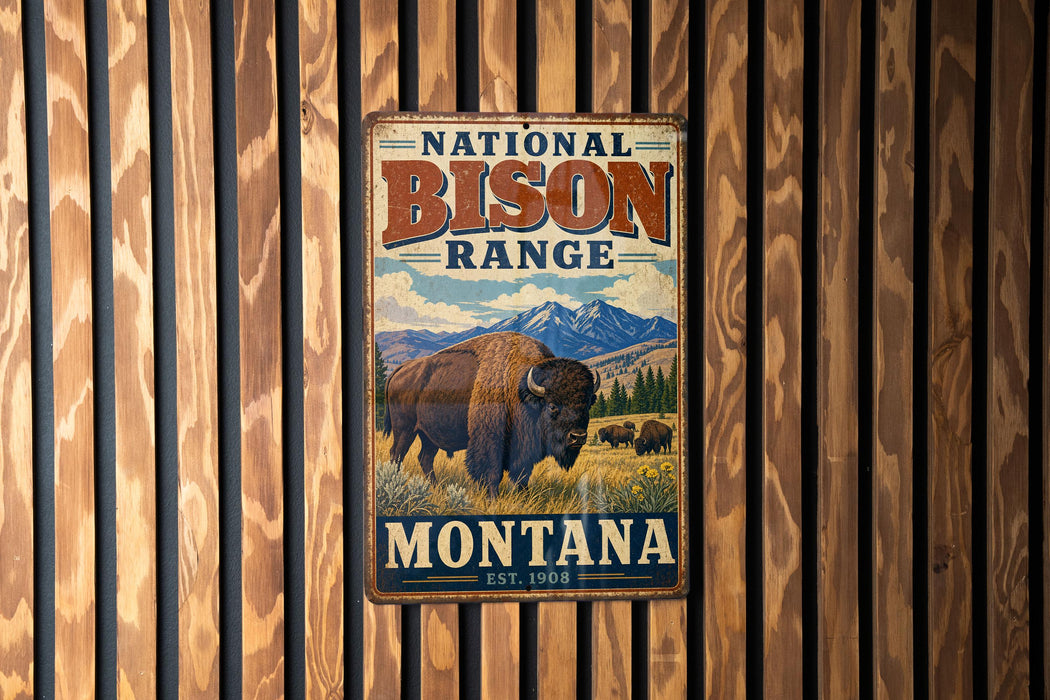 A vintage metal sign for the National Bison Range in Montana, featuring an illustration of a bison in a grassy field with mountains in the background.