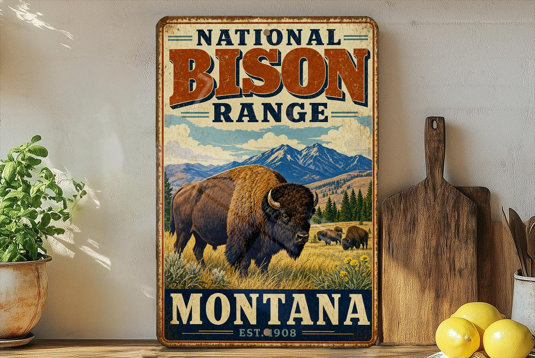 a vintage-style sign for the National Bison Range in Montana, with a bison illustration and the text "Montana" and "Est. 1908" below.
