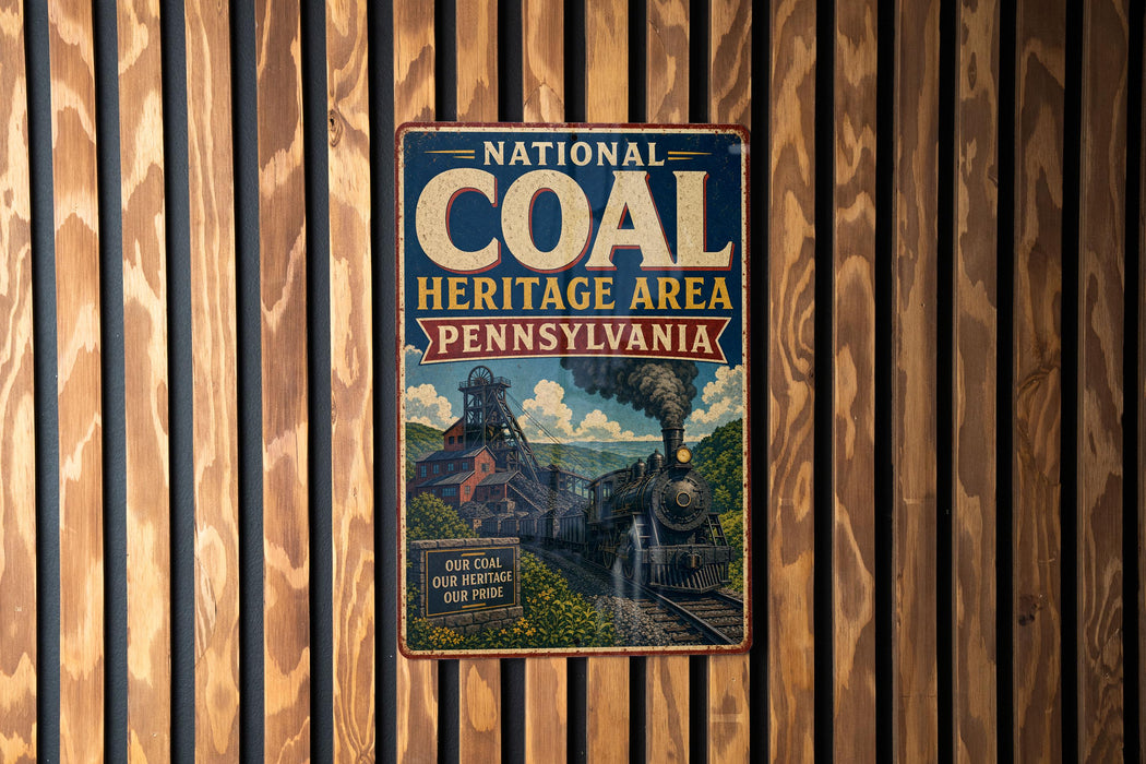 A vintage-style metal sign for the National Coal Heritage Area in Pennsylvania, featuring an illustration of a coal mine and train.