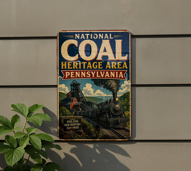 a vintage-style metal sign with the text "National Coal Heritage Area Pennsylvania" and an illustration of a steam locomotive on a track.