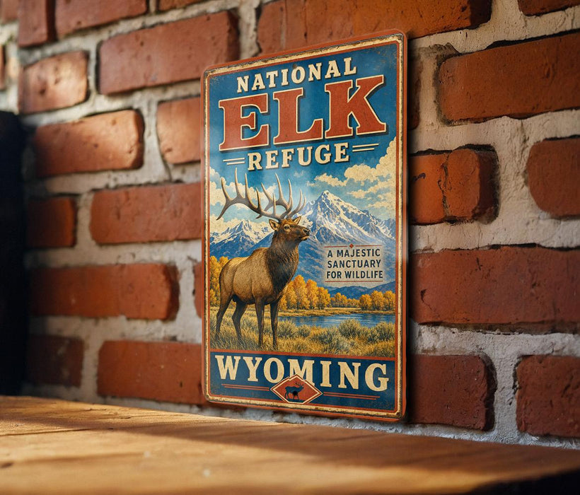 A vintage-style sign for the National Elk Refuge in Wyoming, featuring an illustration of a majestic elk standing in a scenic landscape with mountains in the background.