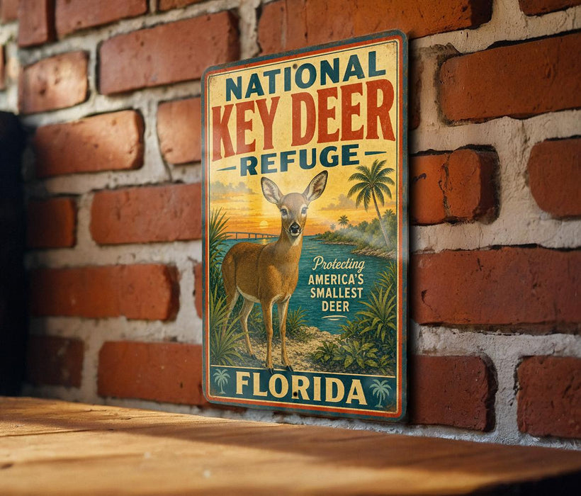A vintage-style sign for the National Key Deer Refuge in Florida, featuring a deer standing in a tropical landscape with palm trees and a sunset.