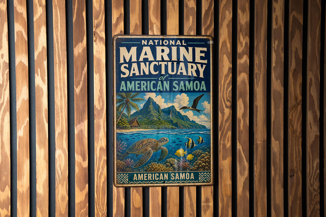 A vintage metal sign for the National Marine Sanctuary of American Samoa, featuring an illustration of a tropical island, sea turtle, and fish.