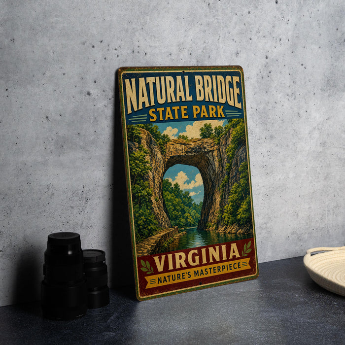 A vintage-style metal sign for Natural Bridge State Park in Virginia, featuring a scenic illustration of the bridge and surrounding landscape.
