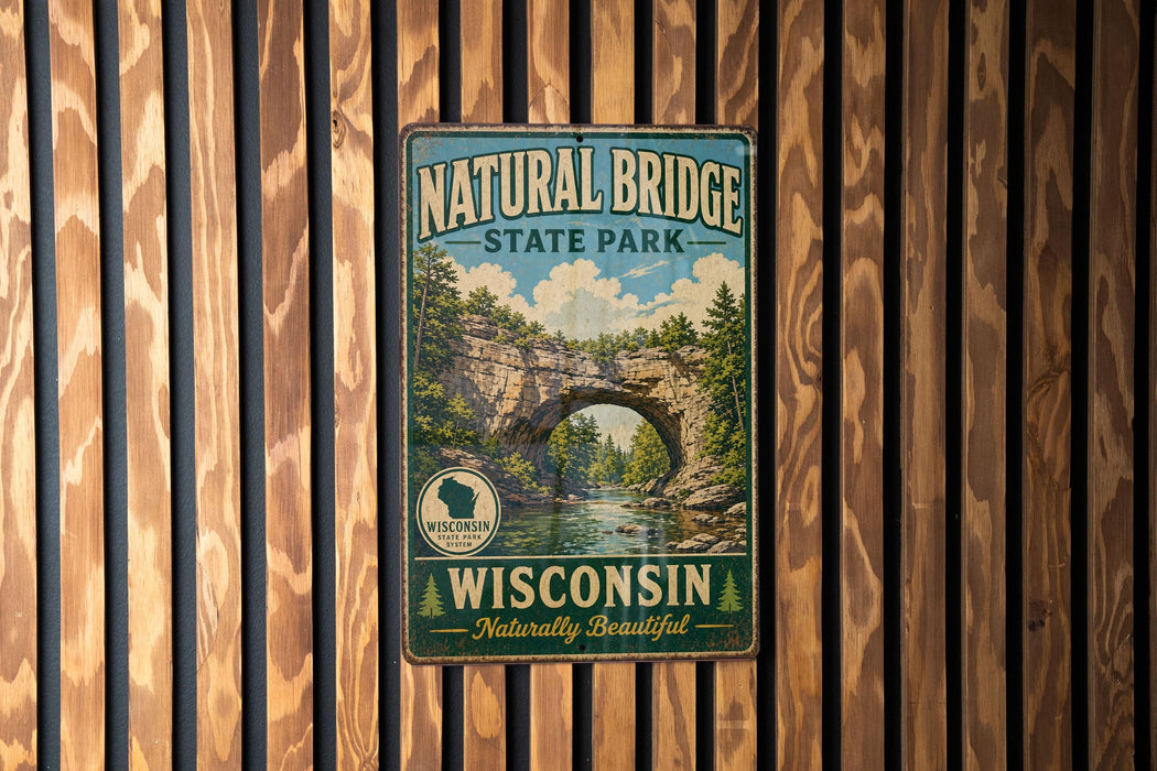 A vintage metal sign for Natural Bridge State Park in Wisconsin, featuring a scenic illustration of the bridge surrounded by trees and water.