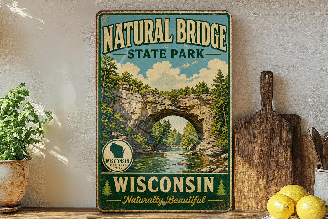 A vintage-style sign for Natural Bridge State Park in Wisconsin, featuring a scenic image of the bridge surrounded by trees and water.