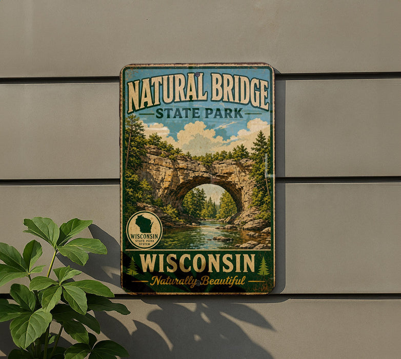 A vintage-style metal sign for Natural Bridge State Park in Wisconsin, featuring a scenic illustration of the bridge surrounded by trees and a river.
