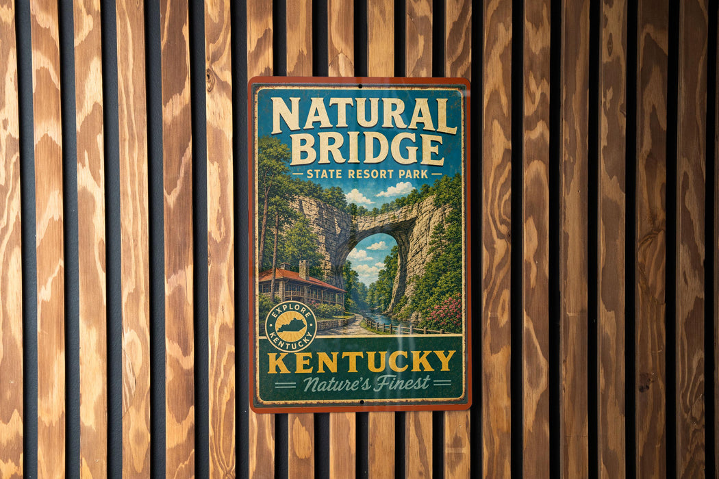 A vintage-style metal sign for Natural Bridge State Resort Park in Kentucky, featuring a scenic image of the bridge surrounded by lush greenery.