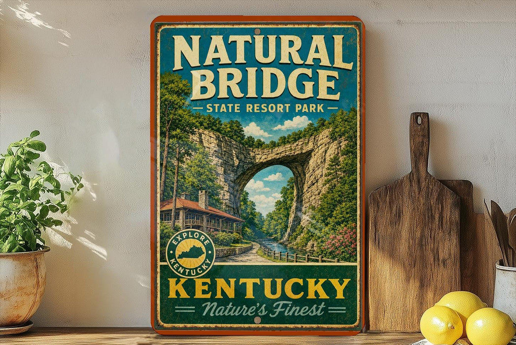 A vintage-style sign for Natural Bridge State Resort Park in Kentucky, featuring a scenic illustration of the rock arch and a wooden bridge.