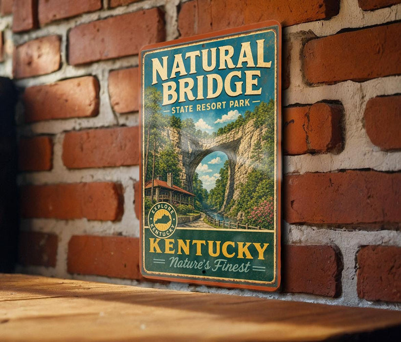 A vintage-style metal sign for Natural Bridge State Resort Park in Kentucky, featuring a scenic illustration of the bridge surrounded by lush greenery.