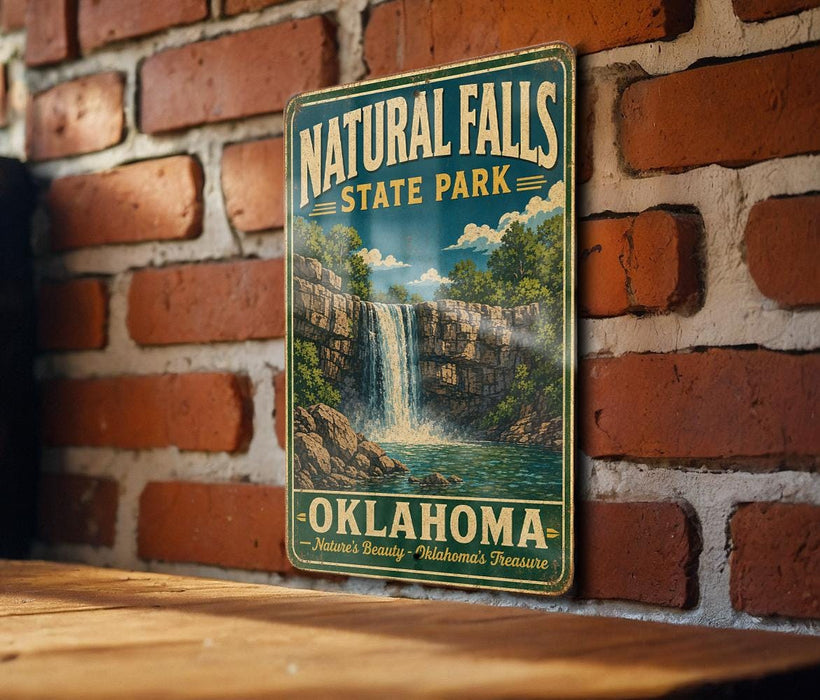 A vintage-style metal sign for Natural Falls State Park in Oklahoma, featuring a waterfall and lush greenery.