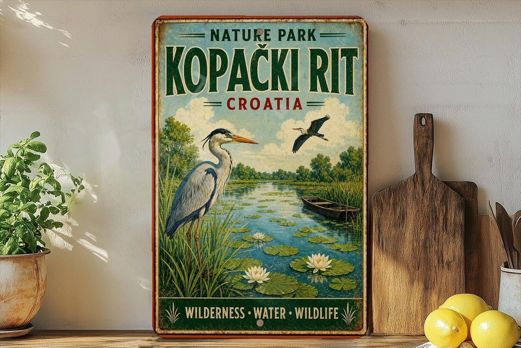 A vintage-style metal sign for "Kopacki Rít" in Croatia, featuring a heron and a boat on a lake surrounded by greenery.