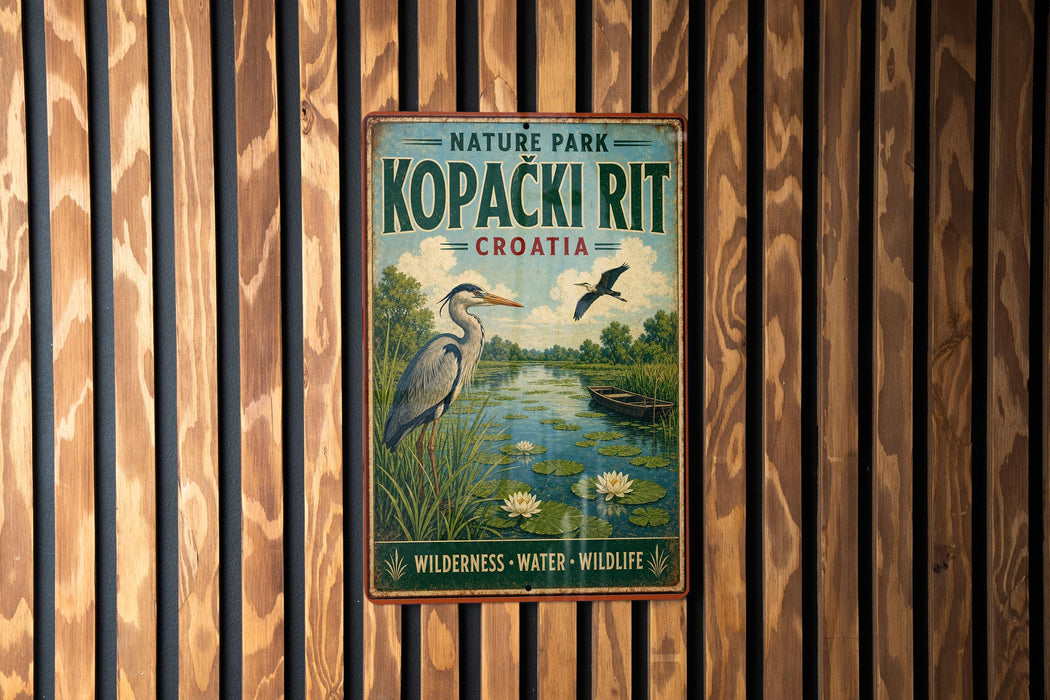 A vintage metal sign for "Kopacki Rit" nature park in Croatia, featuring a heron and a boat on a lake.