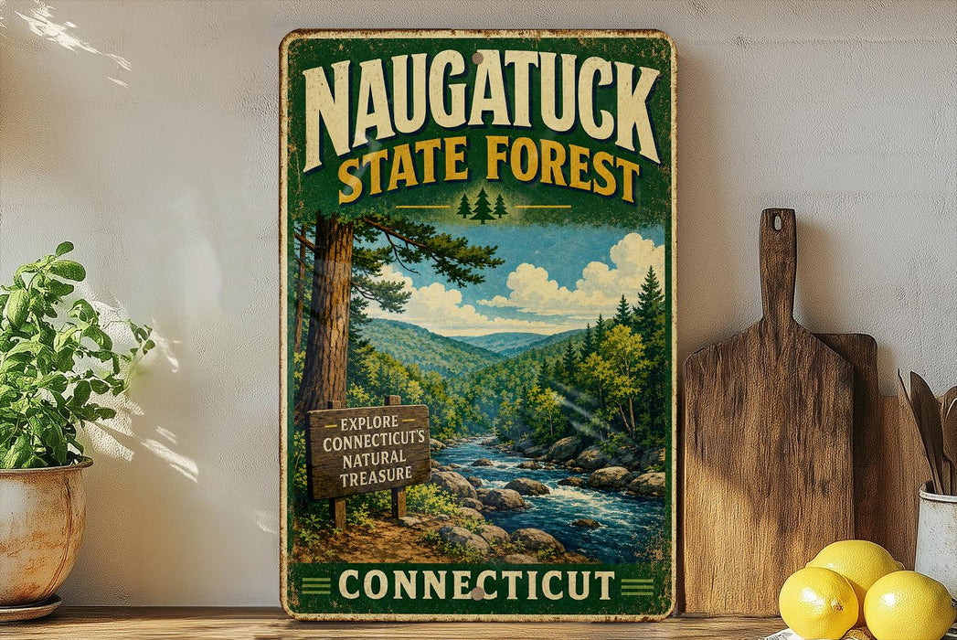 A vintage-style sign for the Naugatuck State Forest, featuring a scenic image of a forest and a river, with the text "Connecticut State Forest" and "Explore Connecticut's Natural Treasure".