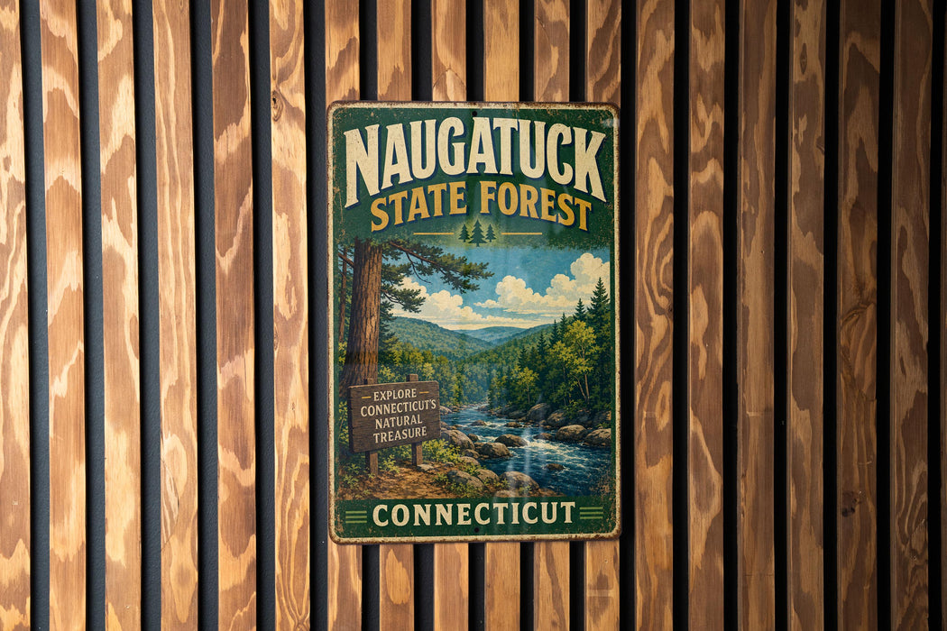 A vintage metal sign for the Naugatuck State Forest in Connecticut, featuring a scenic image of a forest and a river.