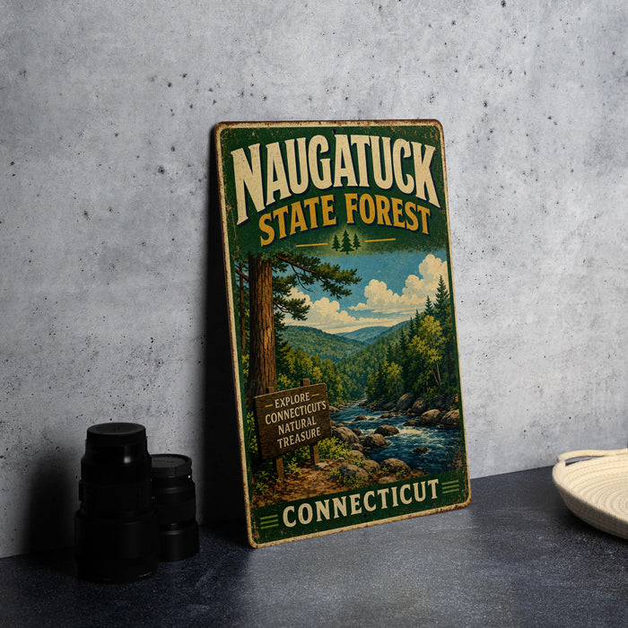 A vintage-style metal sign for the Naugatuck State Forest in Connecticut, featuring a scenic image of a forest and a river.