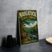 A vintage-style metal sign for the Naugatuck State Forest in Connecticut, featuring a scenic image of a forest and a river.