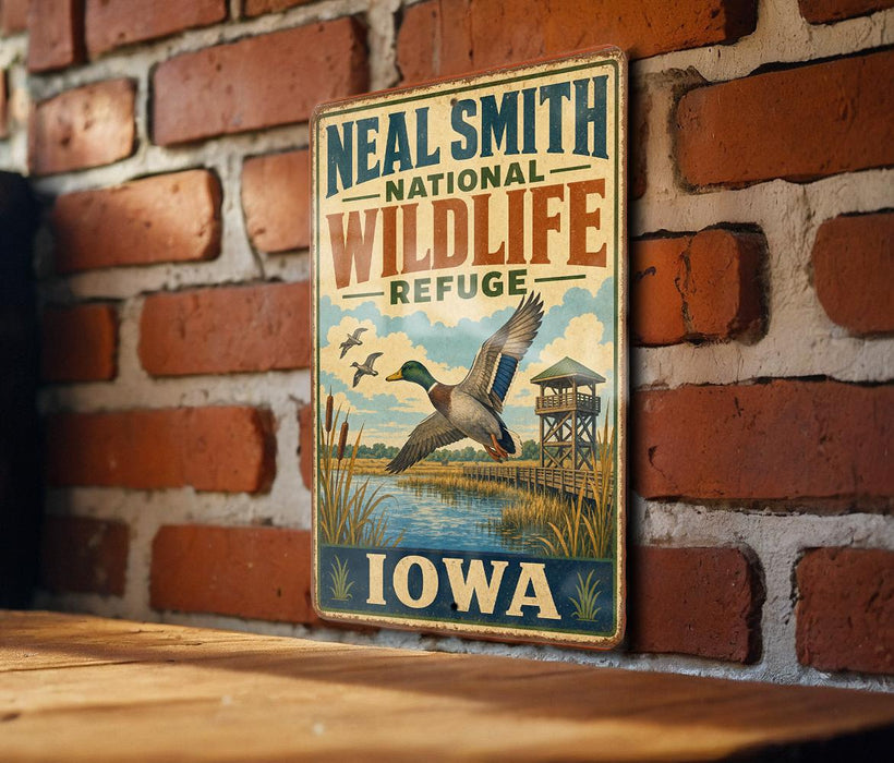 A vintage-style metal sign for the Neal Smith National Wildlife Refuge in Iowa, featuring an illustration of ducks and a wooden structure.