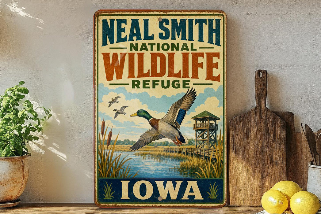 A vintage-style sign for the Neal Smith National Wildlife Refuge in Iowa, featuring a duck in flight and a scenic landscape.