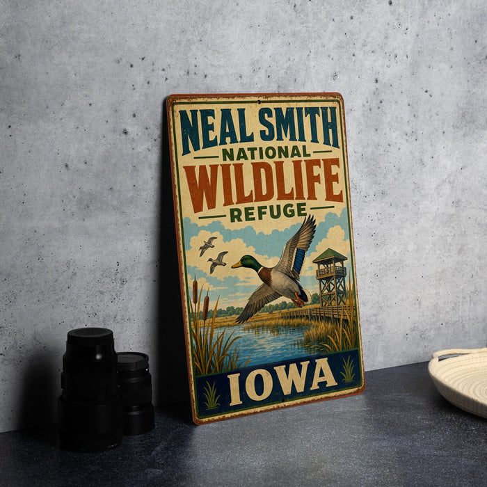 A vintage-style metal sign for the Neal Smith National Wildlife Refuge in Iowa, featuring an illustration of ducks and a birdhouse.