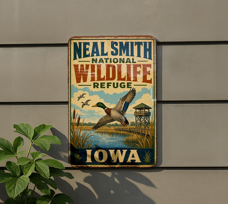 A vintage-style metal sign for the Neal Smith National Wildlife Refuge in Iowa, featuring a duck in flight and a birdhouse in the background.