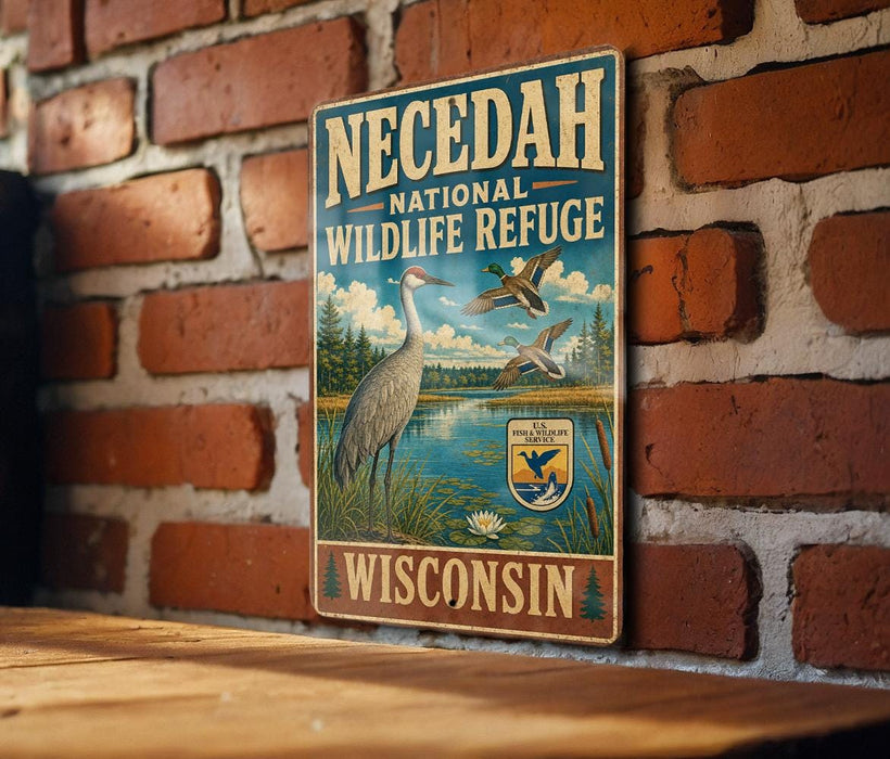 A vintage-style metal sign for the Necedah National Wildlife Refuge in Wisconsin, featuring an illustration of a bird and a lake surrounded by trees.