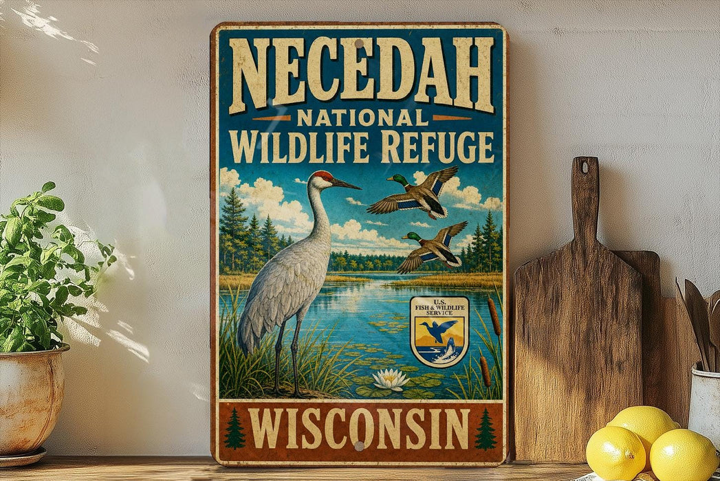 A vintage-style sign for the Necedah National Wildlife Refuge in Wisconsin, featuring an illustration of a bird and a lake surrounded by trees.