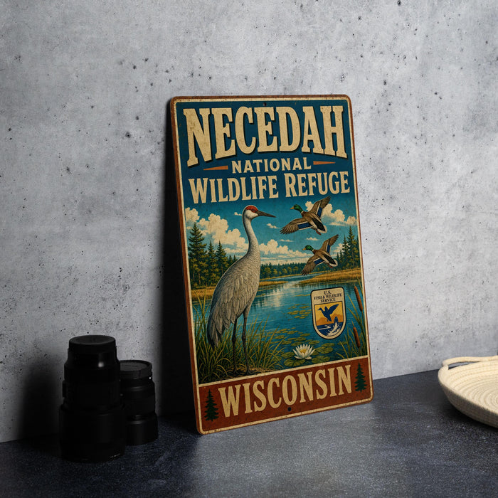 A vintage-style sign for the Necedah National Wildlife Refuge in Wisconsin, featuring an illustration of a crane and ducks in a natural setting.