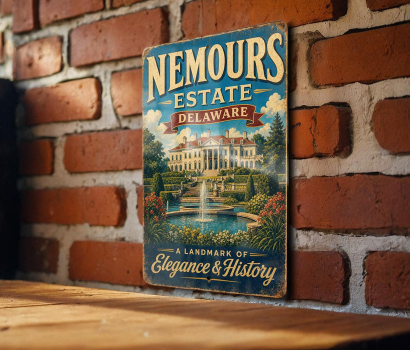 A vintage-style sign for Nemours Estate in Delaware, featuring an illustration of a grand building surrounded by landscaping.