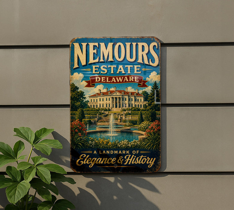 A vintage metal sign for Nemours Estate in Delaware, featuring an illustration of a grand mansion with a fountain in the foreground.