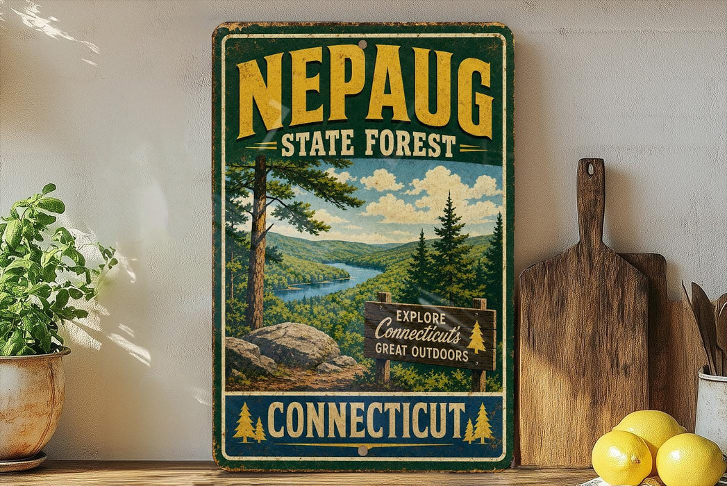 A vintage-style sign for the Nepauug State Forest in Connecticut, featuring a scenic landscape with pine trees, a river, and mountains.