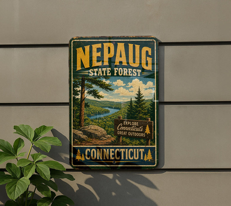 A vintage-style metal sign for the Nepauug State Forest in Connecticut, featuring a scenic landscape with pine trees, a river, and mountains.