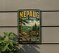 A vintage-style metal sign for the Nepauug State Forest in Connecticut, featuring a scenic landscape with pine trees, a river, and mountains.