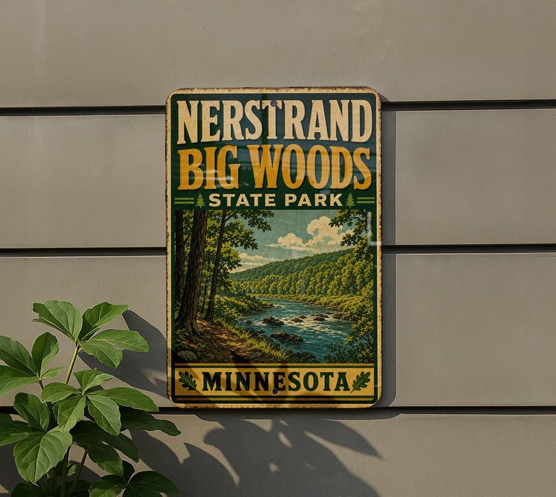 A vintage-style metal sign fornersand big woods state park in Minnesota, featuring a scenic landscape with a river and forest.