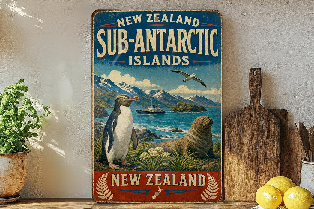 A vintage-style sign advertising the Sub-Antarctic Islands in New Zealand, featuring a penguin, seal, and other wildlife in a scenic landscape.