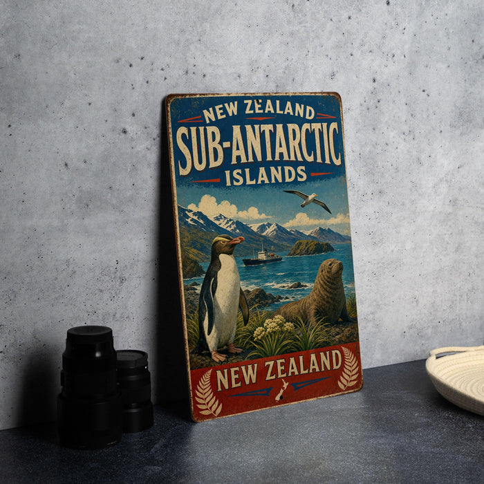 A vintage-style sign advertising the Sub-Antarctic Islands in New Zealand, featuring a penguin and other wildlife in a scenic landscape.