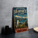 A vintage-style sign advertising the Sub-Antarctic Islands in New Zealand, featuring a penguin and other wildlife in a scenic landscape.