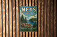 A vintage-style metal sign for Nees Provincial Park, Ontario, featuring a scenic landscape with pine trees, a lake, and mountains.