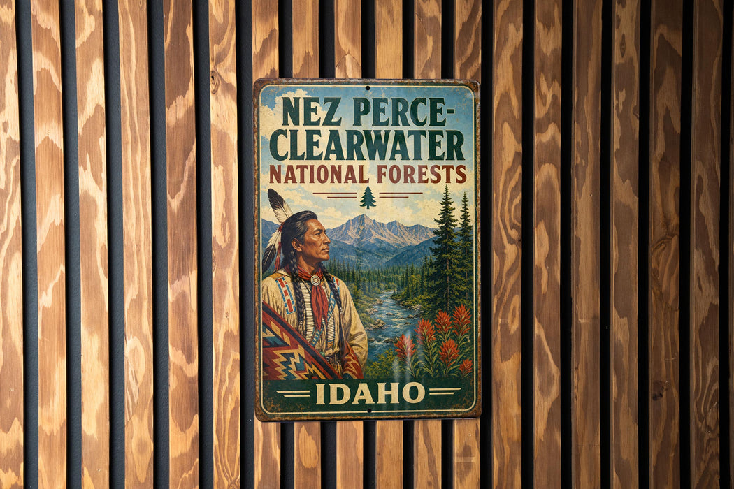A vintage metal sign for Nez Perce-Clearwater National Forests in Idaho, featuring an illustration of a Native American man in traditional clothing standing in a forest setting.