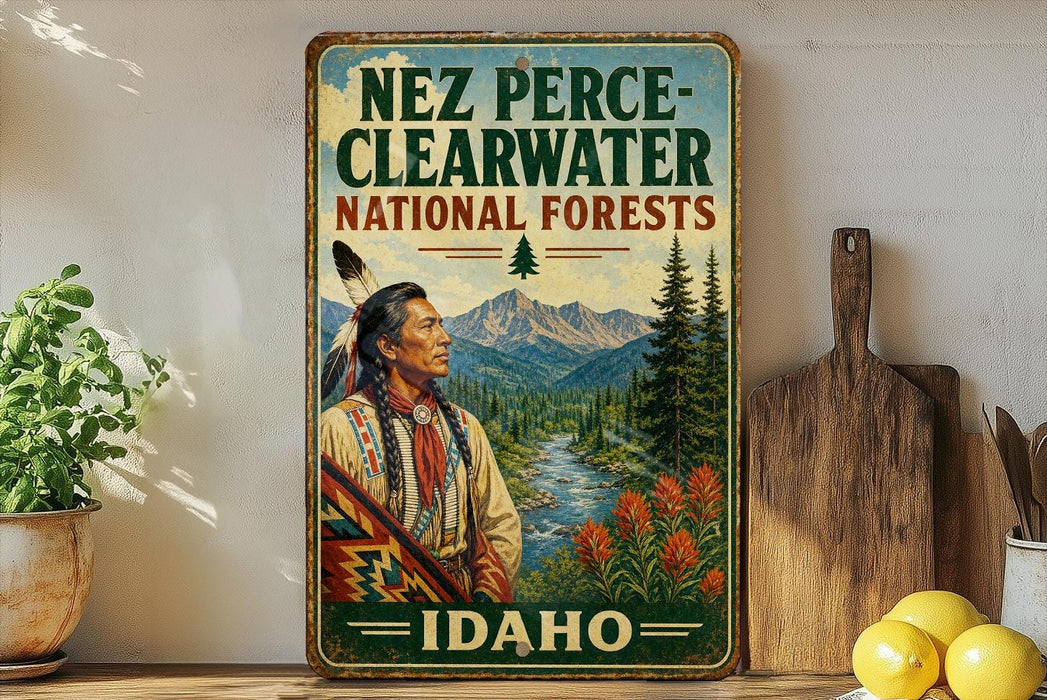 A vintage-style metal sign for Nez Perce National Forests in Idaho, featuring an illustration of a Native American man in traditional clothing standing in a scenic forest landscape.