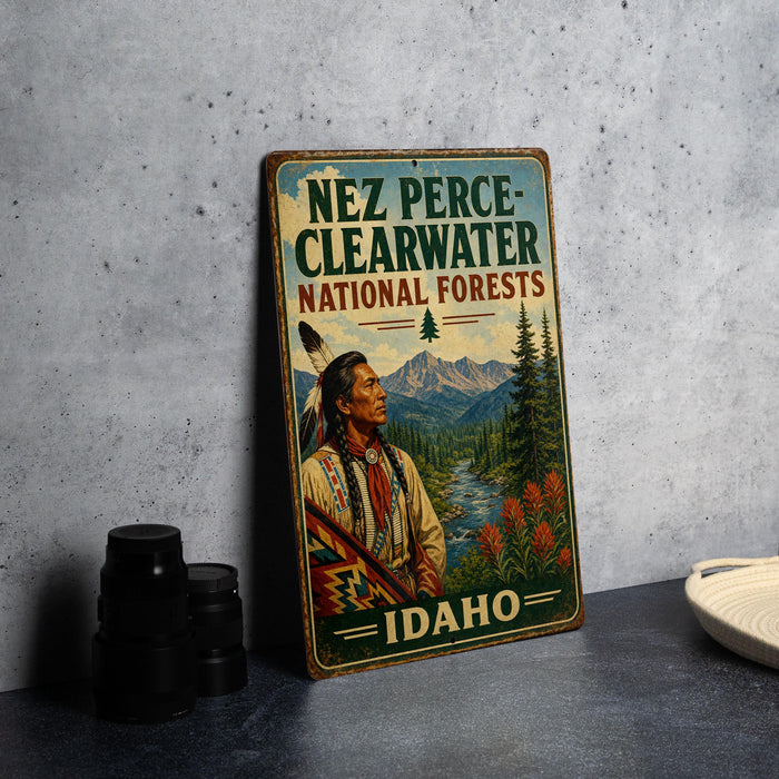 A vintage-style sign for Nez Perce-Clearwater National Forests in Idaho, featuring an illustration of a Native American man in traditional clothing.