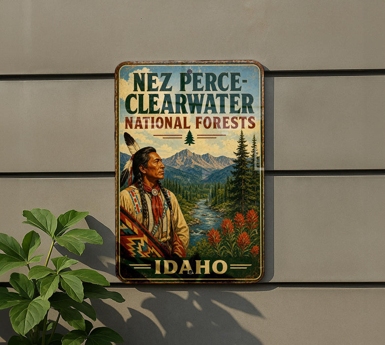 A vintage-style metal sign for the Nez Perce-Clearwater National Forests in Idaho, featuring an illustration of a Native American man in traditional clothing standing in a forest setting.
