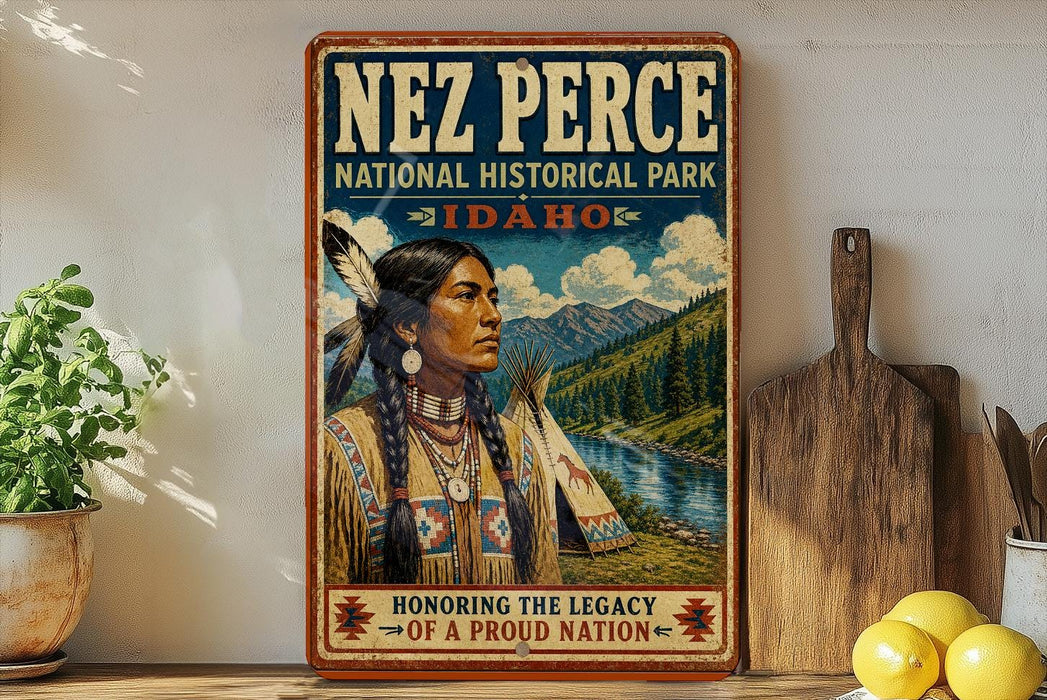 A vintage-style metal sign with the name "NEZ PERCE" and the text "NATIONAL HISTORICAL PARK IDAHO" displayed prominently. The sign also features an illustration of a Native American woman in traditional clothing, with a scenic landscape in the background.