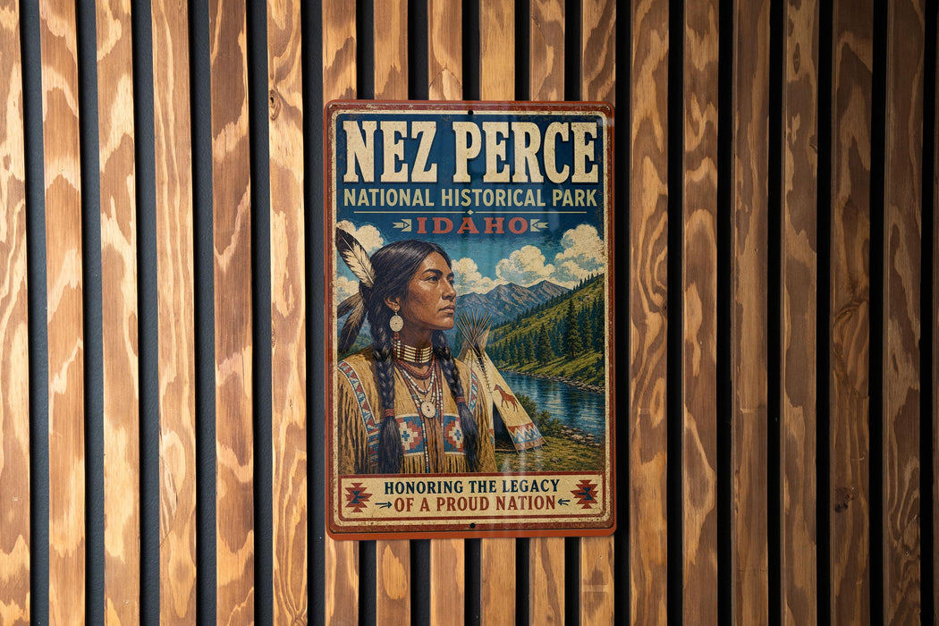 A vintage-style metal sign with the name "NEZ PERCE" and the text "NATIONAL HISTORICAL PARK IDAHO" displayed prominently.