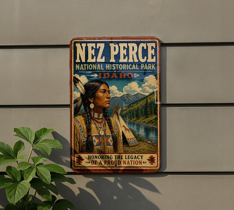 a vintage-style metal sign with a Native American woman in traditional clothing, set against a backdrop of mountains and a river.
