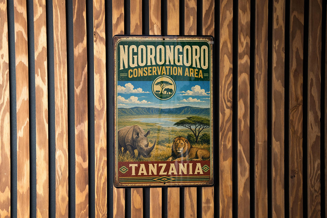 A vintage-style metal sign for theNGORONGORO CONSERVATION AREA in Tanzania, featuring an illustration of a rhinoceros and a lion in a grassy landscape.