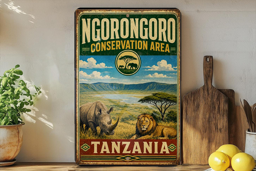 A vintage-style sign for theNGORONGORO Conservation Area in Tanzania, featuring an illustration of a rhinoceros and a lion in a grassy savanna landscape.