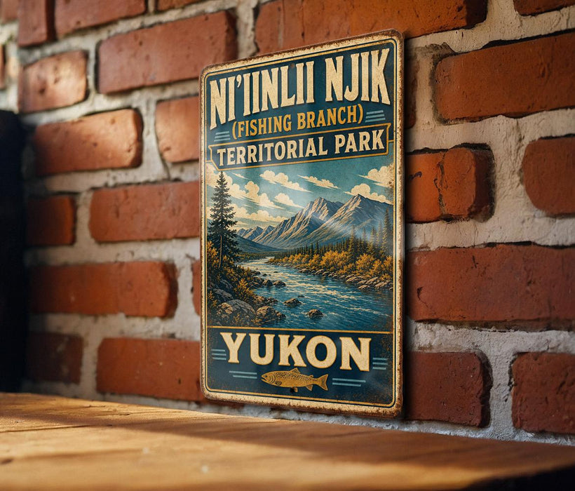 A vintage-style metal sign with a scenic mountain landscape and a river, mounted on a brick wall.